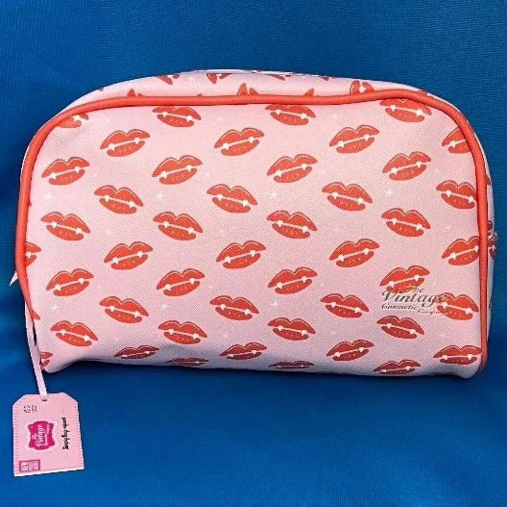 NWT ~ THE VINTAGE COSMETIC CO PINK RED LIP COSMETIC MAKE - UP TRAVEL BAG / CASE